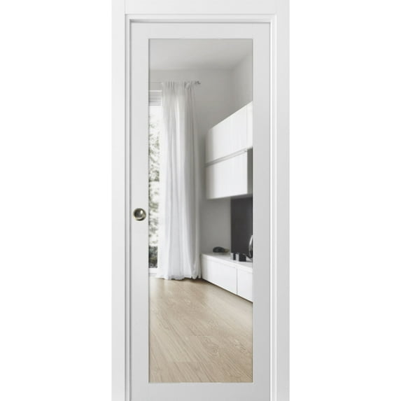 Sliding French Pocket Door Clear Glass | Lucia 2166 White Silk | Kit Trims Rail Hardware | Solid Wood Interior Bedroom Sturdy Doors-24" x 96"