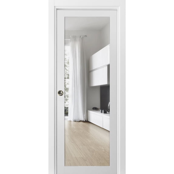 Sliding French Pocket Door Clear Glass | Lucia 2166 White Silk | Kit Trims Rail Hardware | Solid Wood Interior Bedroom Sturdy Doors-32" x 80"
