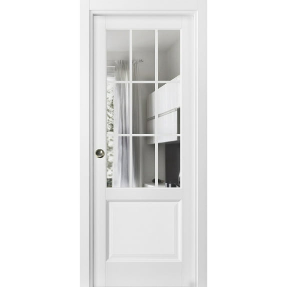 Sliding French Pocket Door with | Felicia 3599 White Silk with Clear Glass | Kit Trims Rail Hardware | Solid Wood Interior Bedroom Sturdy Doors-18" x 84"
