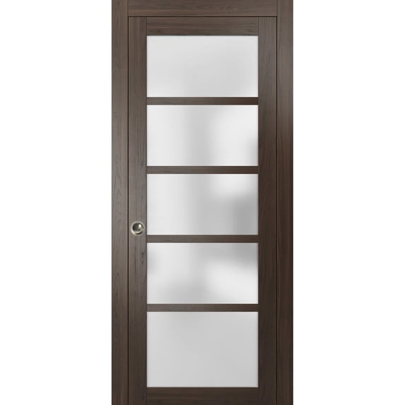 Sliding French Pocket Door with Frosted Glass | Quadro 4002 Chocolate Ash | Kit Trims Rail Hardware | Solid Wood Interior Bedroom Sturdy Doors-42" x 96"