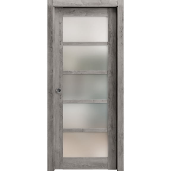 Sliding French Pocket Door with Frosted Glass | Quadro 4002 Nebraska Grey | Kit Trims Rail Hardware | Solid Wood Interior Bedroom Sturdy Doors-30" x 84"