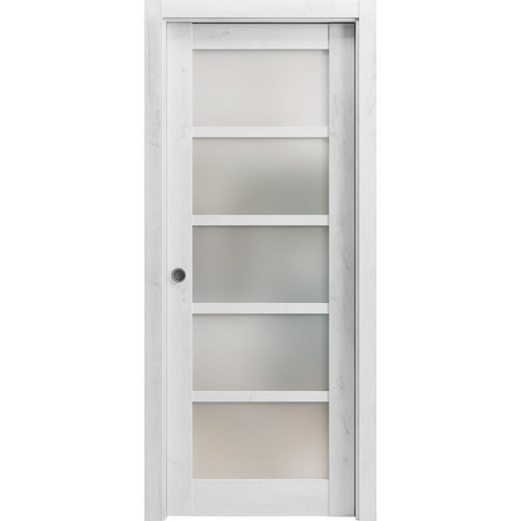 Sliding French Pocket Door with Frosted Glass | Quadro 4002 Nordic White | Kit Trims Rail Hardware | Solid Wood Interior Bedroom Sturdy Doors-24" x 96"