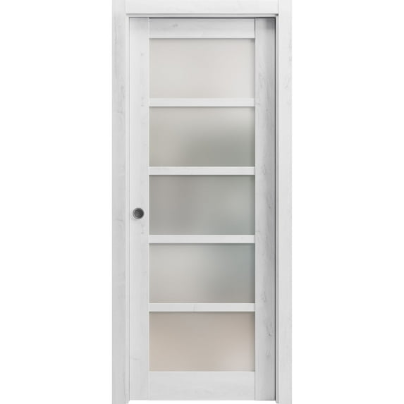 Sliding French Pocket Door with Frosted Glass | Quadro 4002 Nordic White | Kit Trims Rail Hardware | Solid Wood Interior Bedroom Sturdy Doors-42" x 80"