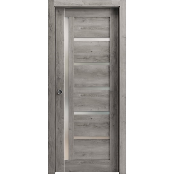 Sliding French Pocket Door with Frosted Glass | Quadro 4088 Nebraska Grey | Kit Trims Rail Hardware | Solid Wood Interior Bedroom Sturdy Doors-24" x 80"