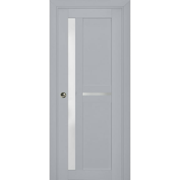 Sliding French Pocket Door with Frosted Glass | Veregio 7288 Matte Grey | Kit Trims Rail Hardware | Solid Wood Interior Bedroom Sturdy Doors-36" x 84"