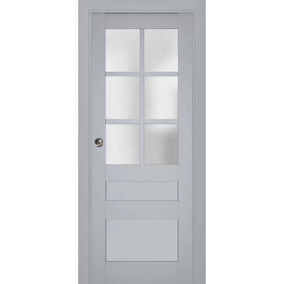 Sliding French Pocket Door with Frosted Glass | Veregio 7339 Matte Grey | Kit Trims Rail Hardware | Solid Wood Interior Bedroom Sturdy Doors-24" x 84"