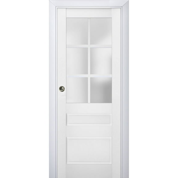 Sliding French Pocket Door with Frosted Glass | Veregio 7339 White Silk | Kit Trims Rail Hardware | Solid Wood Interior Bedroom Sturdy Doors-36" x 84"
