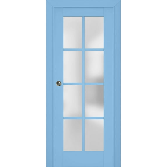 Sliding French Pocket Door with Frosted Glass | Veregio 7412 Aquamarine | Kit Trims Rail Hardware | Solid Wood Interior Bedroom Sturdy Doors-18" x 84"