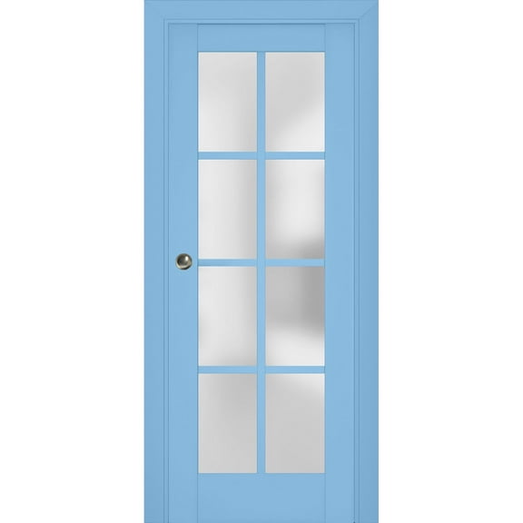 Sliding French Pocket Door with Frosted Glass | Veregio 7412 Aquamarine | Kit Trims Rail Hardware | Solid Wood Interior Bedroom Sturdy Doors-36" x 84"