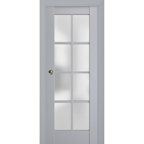 Sliding French Pocket Door with Frosted Glass | Veregio 7412 Matte Grey | Kit Trims Rail Hardware | Solid Wood Interior Bedroom Sturdy Doors-24" x 96"