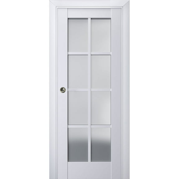 Sliding French Pocket Door with Frosted Glass | Veregio 7412 White Silk | Kit Trims Rail Hardware | Solid Wood Interior Bedroom Sturdy Doors-42" x 96"