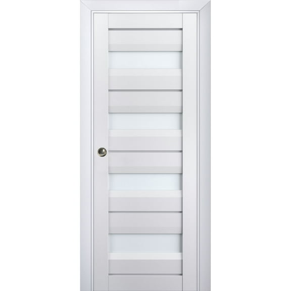 Sliding French Pocket Door with Frosted Glass | Veregio 7455 White Silk | Kit Trims Rail Hardware | Solid Wood Interior Bedroom Sturdy Doors-36" x 84"