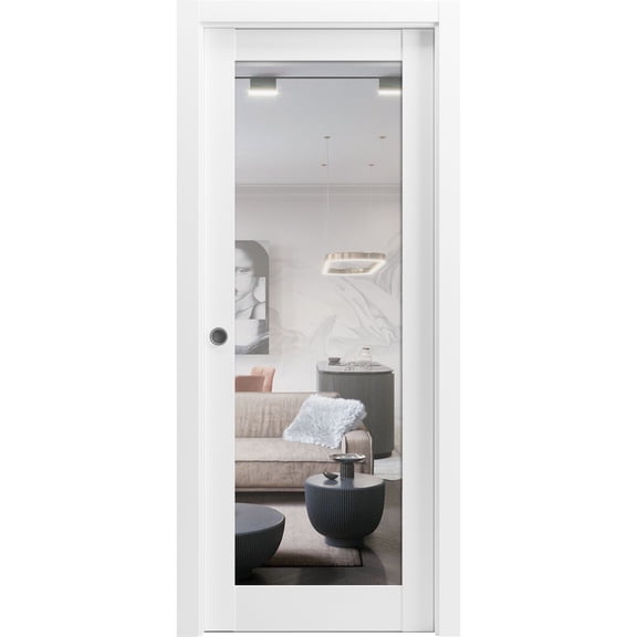 Sliding French Pocket Door with | Lucia 1299 White Silk with Mirror | Kit Trims Rail Hardware | Solid Wood Interior Bedroom Sturdy Doors-24" x 96"-Mirror
