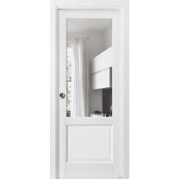 Sliding French Pocket Door with | Lucia 1533 White Silk with Clear Glass | Kit Trims Rail Hardware | Solid Wood Interior Bedroom Sturdy Doors-24" x 96"