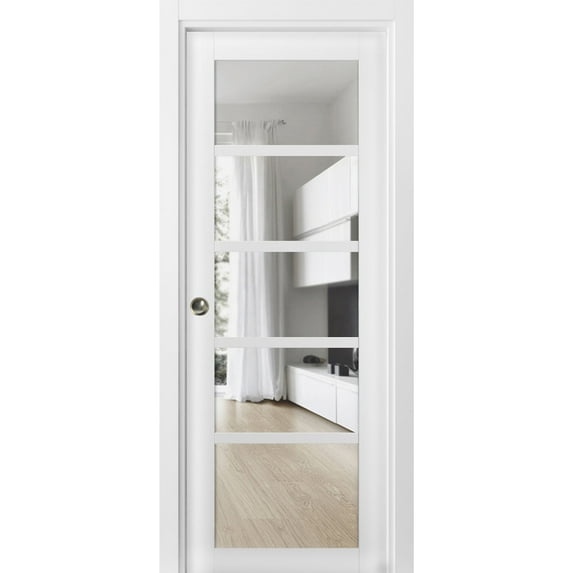 Sliding French Pocket Door with | Quadro 4522 White Silk with Clear Glass | Kit Trims Rail Hardware | Solid Wood Interior Bedroom Sturdy Doors-18" x 84"