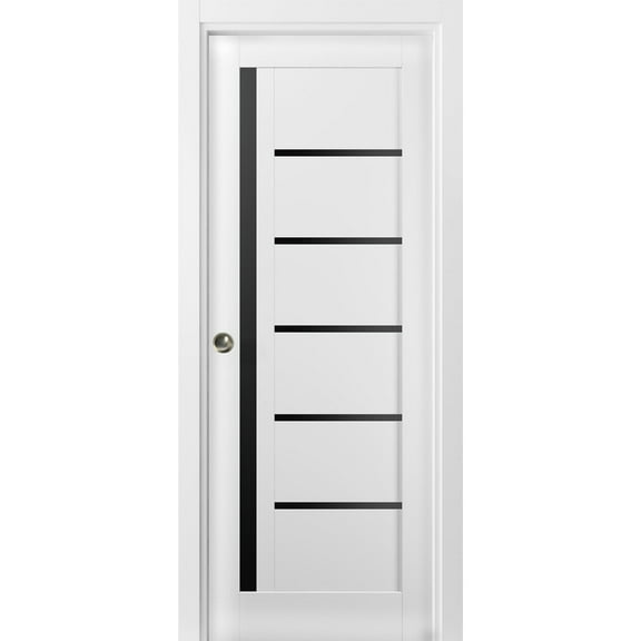 Sliding French Pocket Door with | Quadro 4588 White Silk with Black Glass | Kit Trims Rail Hardware | Solid Wood Interior Bedroom Sturdy Doors-32" x 80"-Black Glass