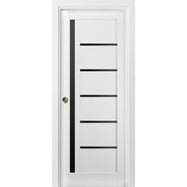 Sliding French Pocket Door with | Quadro 4588 White Silk with Black Glass | Kit Trims Rail Hardware | Solid Wood Interior Bedroom Sturdy Doors-36" x 84"-Black Glass