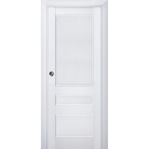 Sliding French Pocket Door | Veregio 7411 White Silk | Kit Trims Rail Hardware | Solid Wood Interior Bedroom Sturdy Doors-30" x 80"