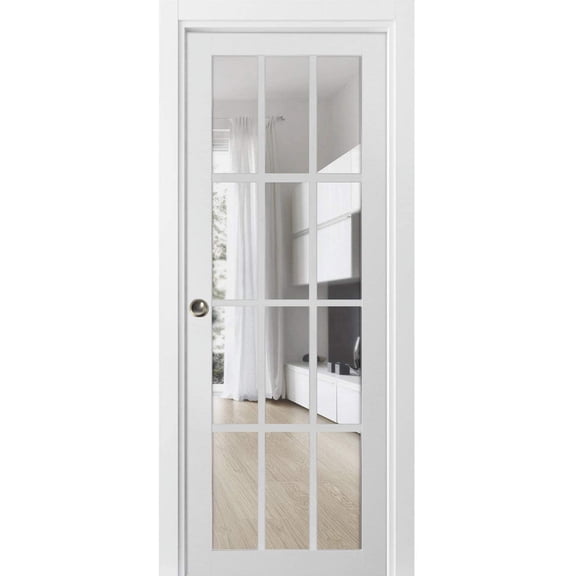 Sliding French Pocket Door with Clear Glass 12 Lites | Felicia 3355 White Silk | Kit Trims Rail Hardware | Solid Wood Interior Bedroom Sturdy Doors