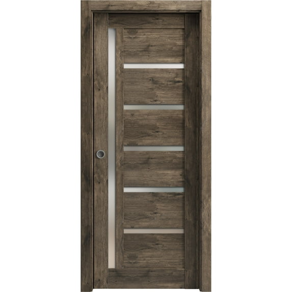 Sliding French Pocket Door with Frosted Glass | Quadro 4088 Cognac Oak | Kit Trims Rail Hardware | Solid Wood Interior Bedroom Sturdy Doors-28" x 80"