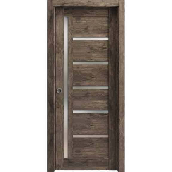 Sliding French Pocket Door with Frosted Glass | Quadro 4088 Cognac Oak | Kit Trims Rail Hardware | Solid Wood Interior Bedroom Sturdy Doors-32" x 80"
