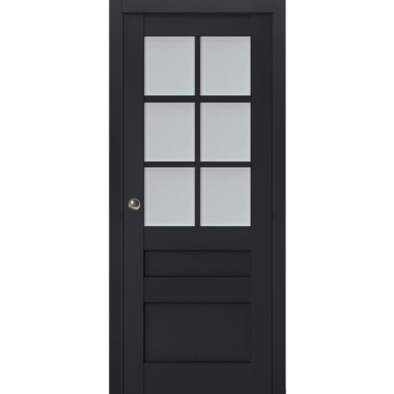Sliding French Pocket Door with Frosted Glass | Veregio 7339 Antracite | Kit Trims Rail Hardware | Solid Wood Interior Bedroom Sturdy Doors-32" x 80"