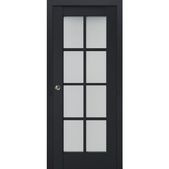 Sliding French Pocket Door with Frosted Glass | Veregio 7412 Antracite | Kit Trims Rail Hardware | Solid Wood Interior Bedroom Sturdy Doors-36" x 84"