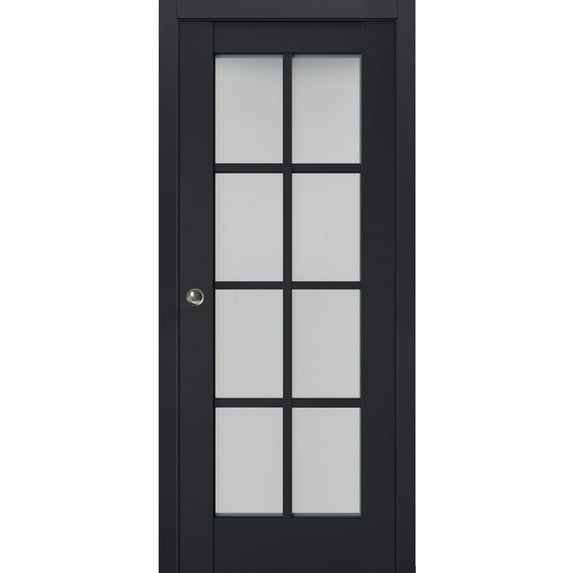 Sliding French Pocket Door with Frosted Glass | Veregio 7412 Antracite | Kit Trims Rail Hardware | Solid Wood Interior Bedroom Sturdy Doors-42" x 84"
