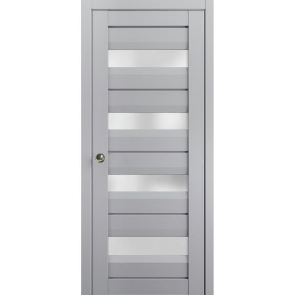 Sliding French Pocket Door with Frosted Glass | Veregio 7455 Matte Grey | Solid Wood Interior Bedroom Sturdy Doors-18" x 80"
