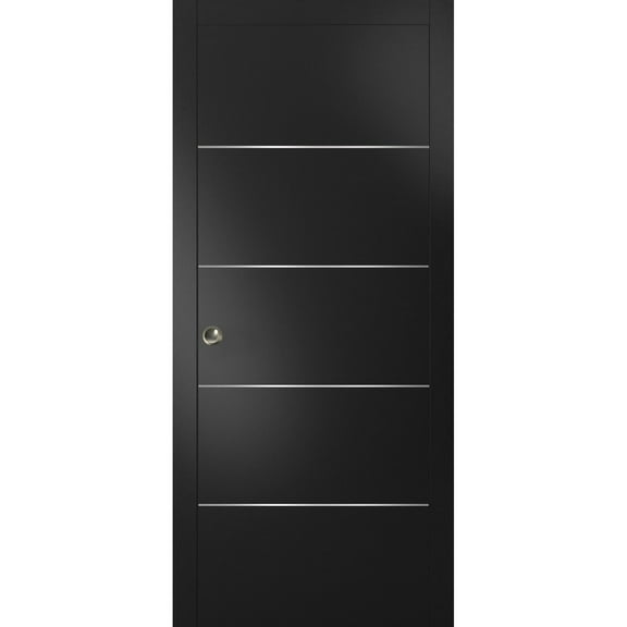 Sliding French Pocket Door with | Planum 0020 Matte Black | Kit Trims Rail Hardware | Solid Wood Interior Bedroom Sturdy Doors-36" x 84"