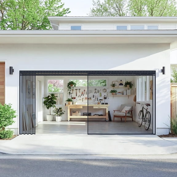Sliding Garage Door Screen with Track, Magnetic Closure Fiberglass Mesh for 2-Car Garage, Heavy Duty Retractable Screen for Patio French Door, 16x7ft