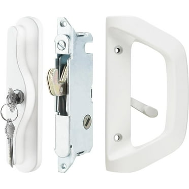 Sliding Glass Door Handle Set with Key Cylinder and Mortise Lock Patio Door Lock Replacement Fits 3-15/16 inch Screw Hole Spacing White White