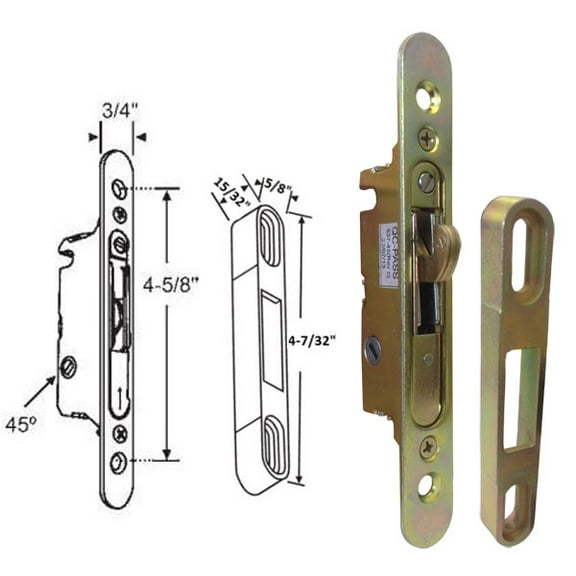 Sliding Glass Patio Door Replacement Mortise Lock, 45 Degree Keyway, with Faceplate, 4-5/8" Screw Holes