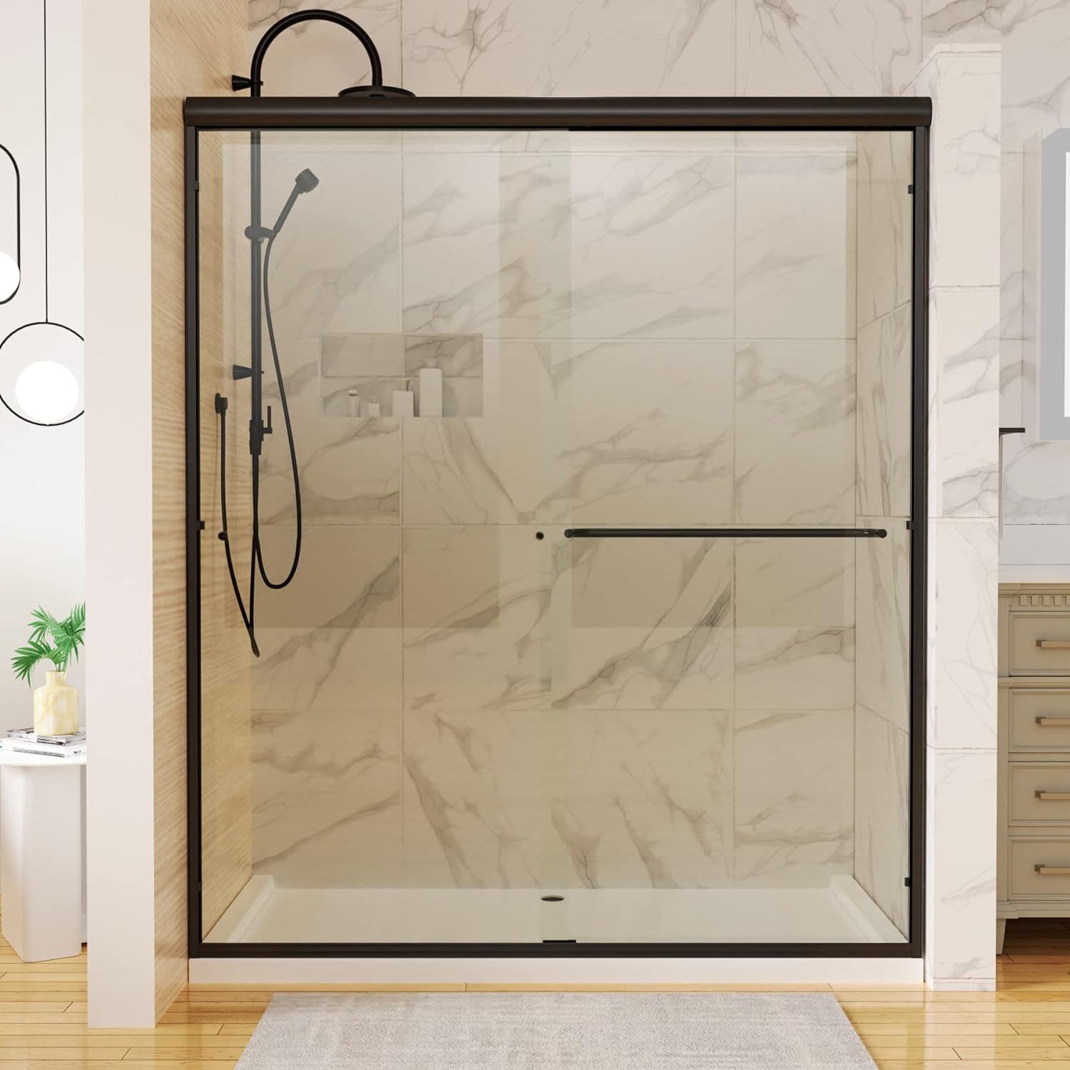 Matte Black Framed Sliding Shower Door with Clear Glass