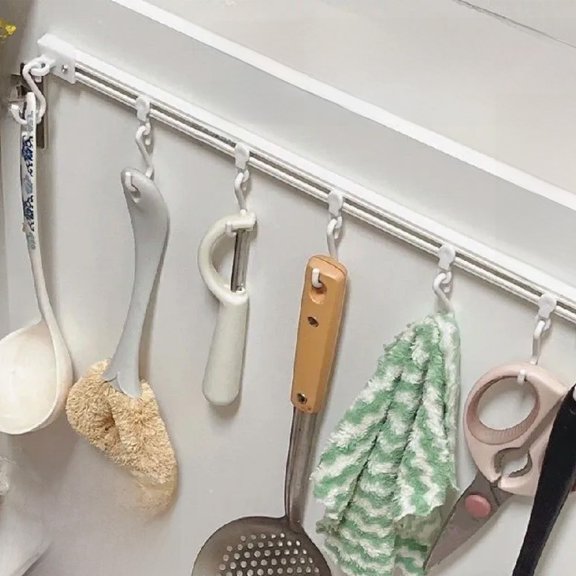Sliding Hooks for Kitchen Storage, No Punch Adhesive Hook Rail, Behind Door Hanging Rod for Towels Utensils