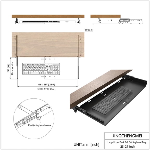 Sliding Keyboard Tray Under Desk - Large Pull-Out Computer Drawer 27x9.8 Inch Adjustable Width Metal Platform for Typing and Mouse, Black