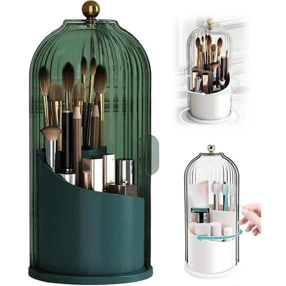 Sliding Lid Toothbrush Holder with Cover, Concealed Toothbrush Holder for Tooth Brush Makeup, 360 Rotating Dustproof Rotating Makeup Organizer for Vanity Desktop Bathroom Countertop(Green)