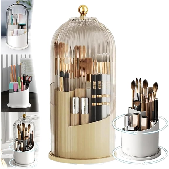 Sliding Lid Toothbrush Organizer,360° Rotating 3 Slots Bathroom Organizer Countertop,Concealed Vanity Makeup Brushes Holder,Brown-a