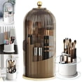 thumbnail image 1 of Sliding Lid Toothbrush Organizer,360° Rotating 3 Slots Bathroom Organizer Countertop,Concealed Vanity Makeup Brushes Holder,Brown-b, 1 of 8