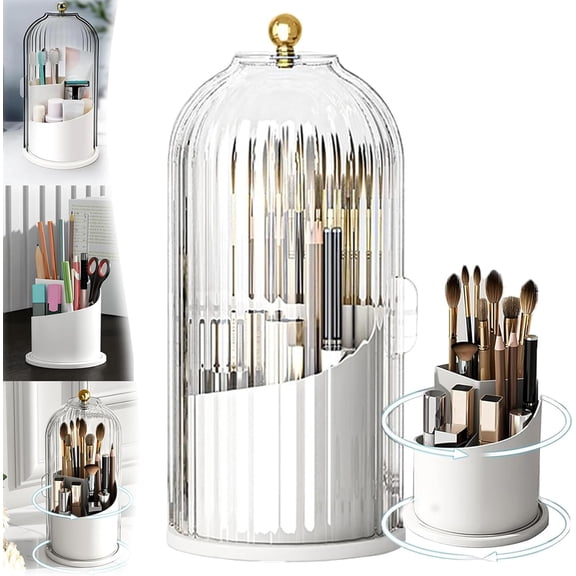 Sliding Lid Toothbrush Organizer,360° Rotating 3 Slots Bathroom Organizer Countertop,Concealed Vanity Makeup Brushes Holder