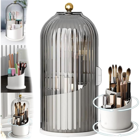 Sliding Lid Toothbrush Organizer,360° Rotating 3 Slots Bathroom Organizer Countertop,Concealed Vanity Makeup Brushes Holder