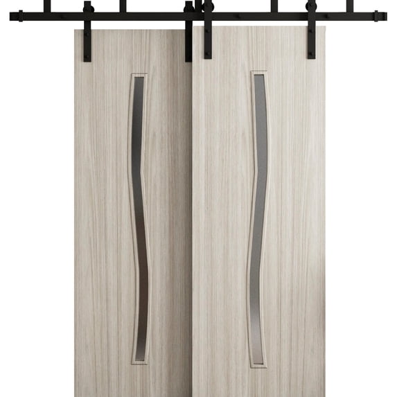 Sliding Modern Barn Bypass Doors 84 x 84 in - LUNO 2003 Oak - Modern 8ft Rails Hardware Set - Wood Solid Bedroom Wardrobe Doors