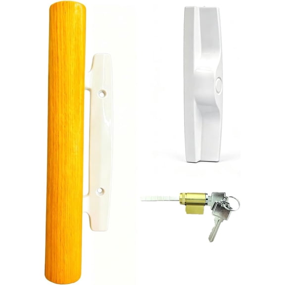 Sliding Patio Door Handle Set, Natural Wood Interior & White Zinc Exterior(White), For Keyed, Fits 3-15/16" Hole Spacing, Universal Easy Install Replacement for Sliding Glass Doors.Pull Handle Set