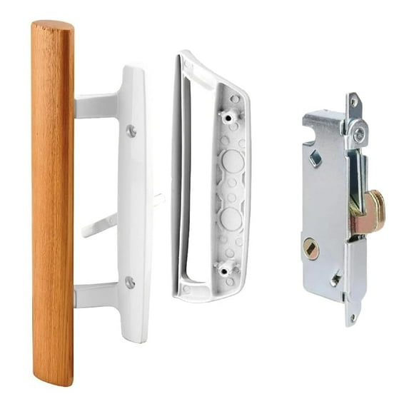 Sliding Patio Glass Door Handle Set Replacement – Diecast with Wood Finish Mortise Style, Fits 3-15/16 In. Hole Spacing