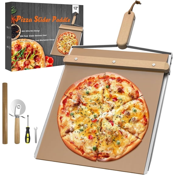 Sliding Pizza Peel 12 Inch,large Pizza Peel Metal Sliding Tray 16 X 13,Makes 10-14 Inch Pizzas,304 Stainless Steel Metal Premium Pizza Board with Solid Wood Handle, and Pizza Cutter Wheel