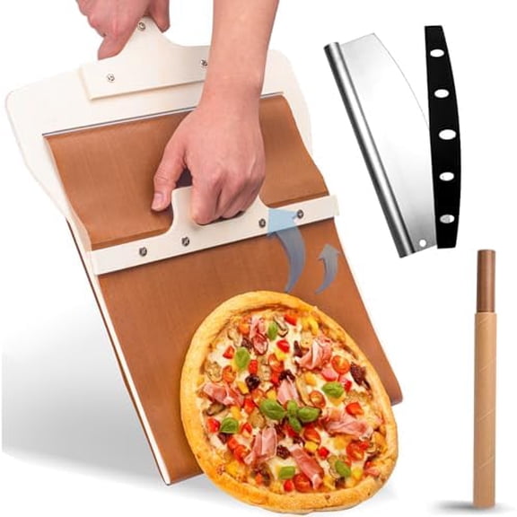 Sliding Pizza Peel, Pizza Slider Paddle with Pizza Cutter Rocker, Non-Stick Pizza Peel Slider with Handle Detachable Transfers Pizza Pie, 12 Wood Sliding Pizza Peel with Replacement Cloth