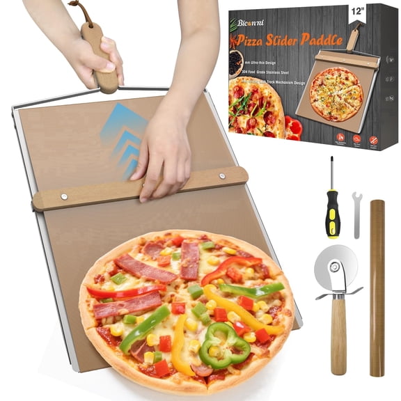 Sliding Pizza Peel, large Pizza Peel Metal Sliding Tray 16" X 13" Making 12 Inch, 304 Stainless Steel Metal Premium Pizza Board with Solid Wood Handle, and Pizza Cutter Wheel