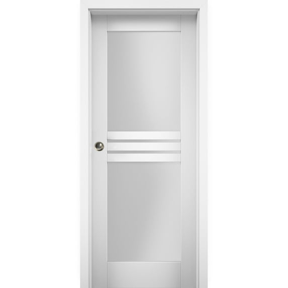 Sliding Pocket Door 18 x 96 inches with Opaque Glass 4 Lites / Mela 7222 White Silk / Kit Rail Hardware / MDF Interior Bedroom Modern Doors