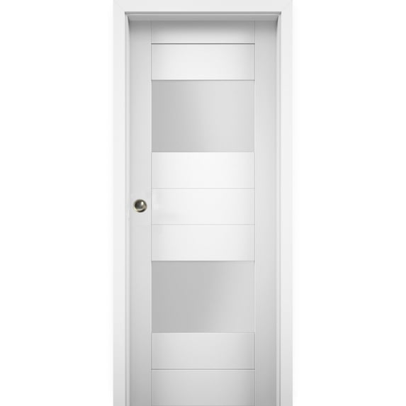 Sliding Pocket Door 28 x 96 inches with Opaque Glass 2 Lites / Sete 6222 White Silk / Kit Rail Hardware / MDF Interior Bedroom Modern Doors