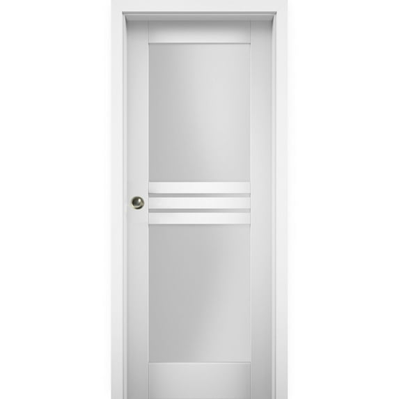 Sliding Pocket Door 32 x 80 inches with Opaque Glass 4 Lites / Mela 7222 White Silk / Kit Rail Hardware / MDF Interior Bedroom Modern Doors